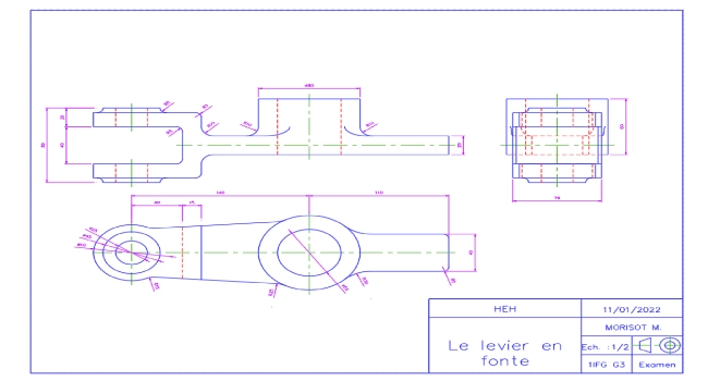 Plan d'une pièce mécanique en 2D sur AutoCad